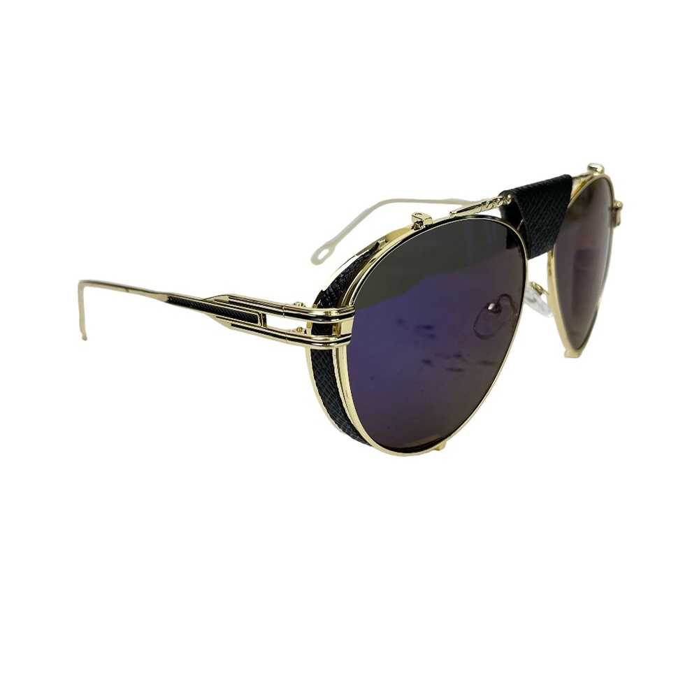 AVIATOR Gold Metal Frame Blue Purple Lense Faux Leather Black Trim Sunglasses